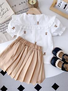 Young Girls Cute Bear Print Short Sleeve Shirt + Pleated Skirt Set, Back To School Summer Wear