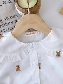 Young Girls Cute Bear Print Short Sleeve Shirt + Pleated Skirt Set, Back To School Summer Wear