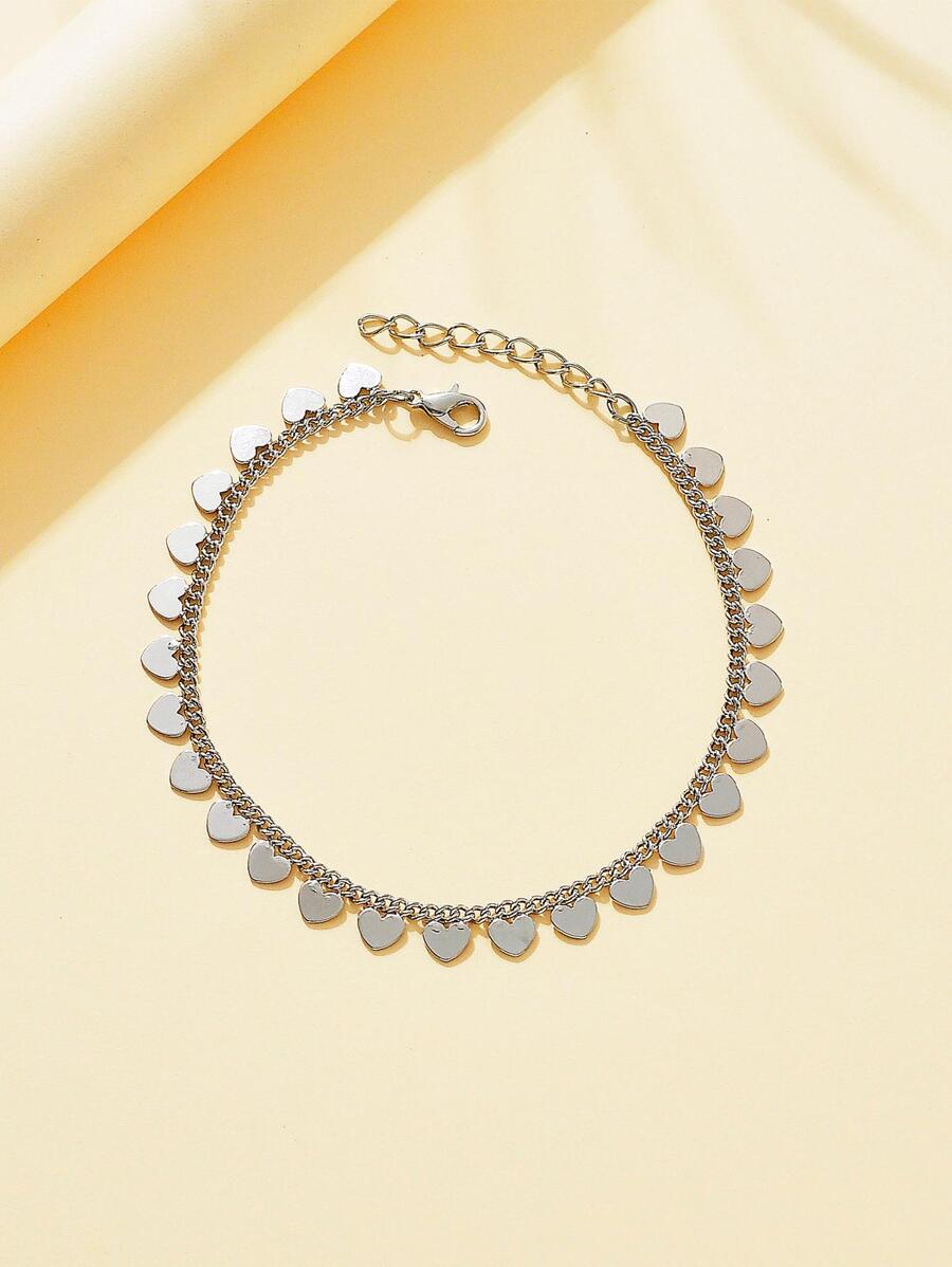 Heart Disc Charm Anklet - Silver - View 1