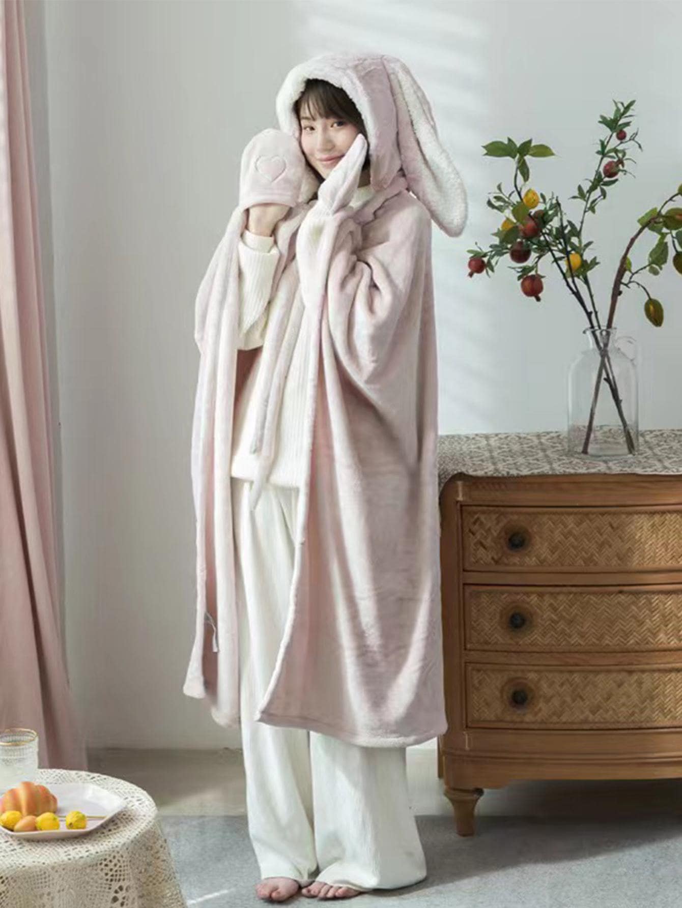 1入組兔耳裝飾抱毯，卡通針織面料連帽家用毯子 - 粉色 - 查看 1