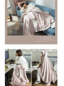 1入組兔耳裝飾抱毯，卡通針織面料連帽家用毯子 - 粉色 - 查看 3