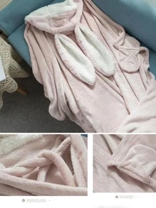 1入組兔耳裝飾抱毯，卡通針織面料連帽家用毯子 - 粉色 - 查看 4