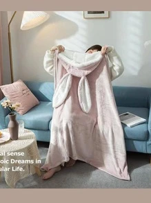 1入組兔耳裝飾抱毯，卡通針織面料連帽家用毯子 - 粉色 - 查看 5