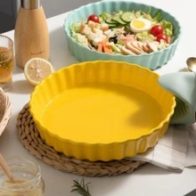 SWEEJAR Ceramic Pie Pan for Baking, 9.5 Inches Round Wavelet Fringe Pie Dish, Non-Stick Pie Plate for Pumpkin Pie, Apple Pie, Pie Pots - Yellow - View 2