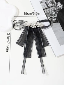 Faux Pearl Decor Bow Tie - Black and White - View 2