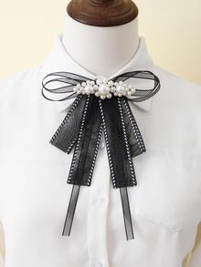 Faux Pearl Decor Bow Tie - Black and White - View 1