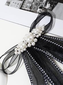 Faux Pearl Decor Bow Tie - Black and White - View 3