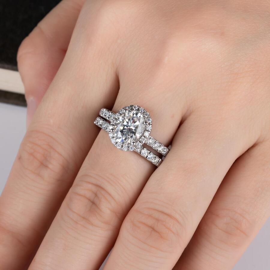 ANU JEWEL 橢圓形莫桑石戒指套裝,結婚銀戒指,訂婚新娘珠寶