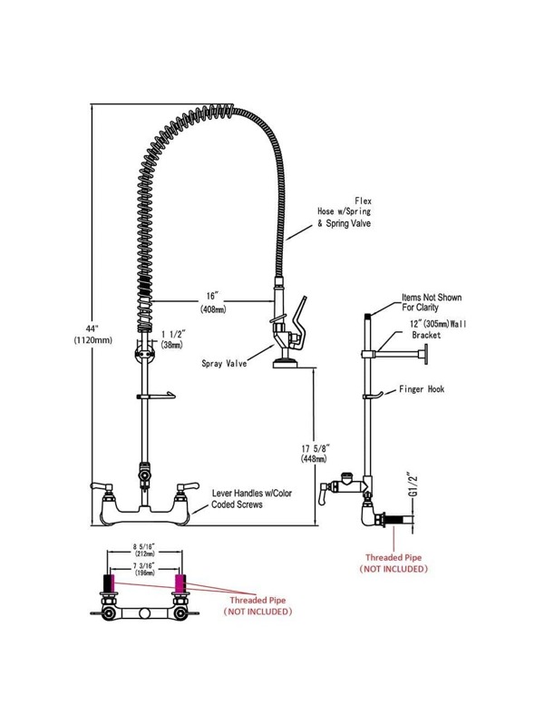 Aquaterior 44" Height Commercial Kitchen Pre Rinse Faucet Wall Mount