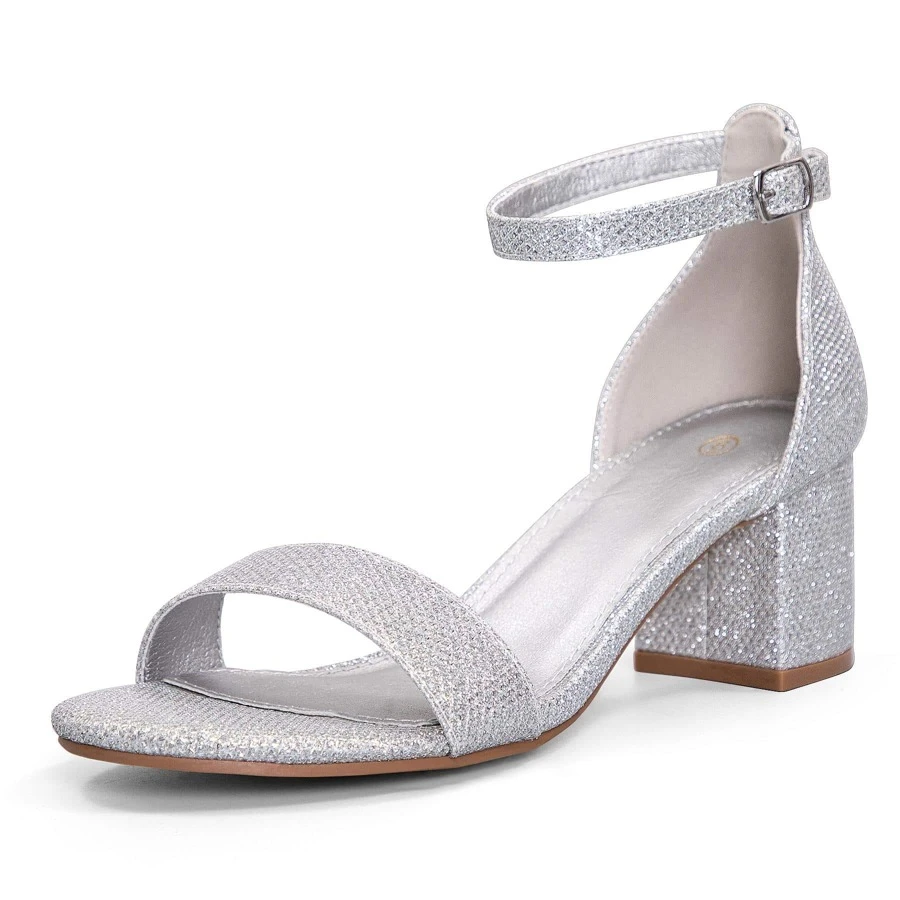 Women 2.25 In Chunky Low Heels Open Toe Block Heeled Dress Ankle Strap Pump Wedding Sandals - 銀色 - 查看 1