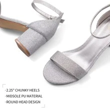 Women 2.25 In Chunky Low Heels Open Toe Block Heeled Dress Ankle Strap Pump Wedding Sandals - 銀色 - 查看 3