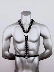 Hombres Cinturón arnés adorno de anillo - Negro - Ver 1