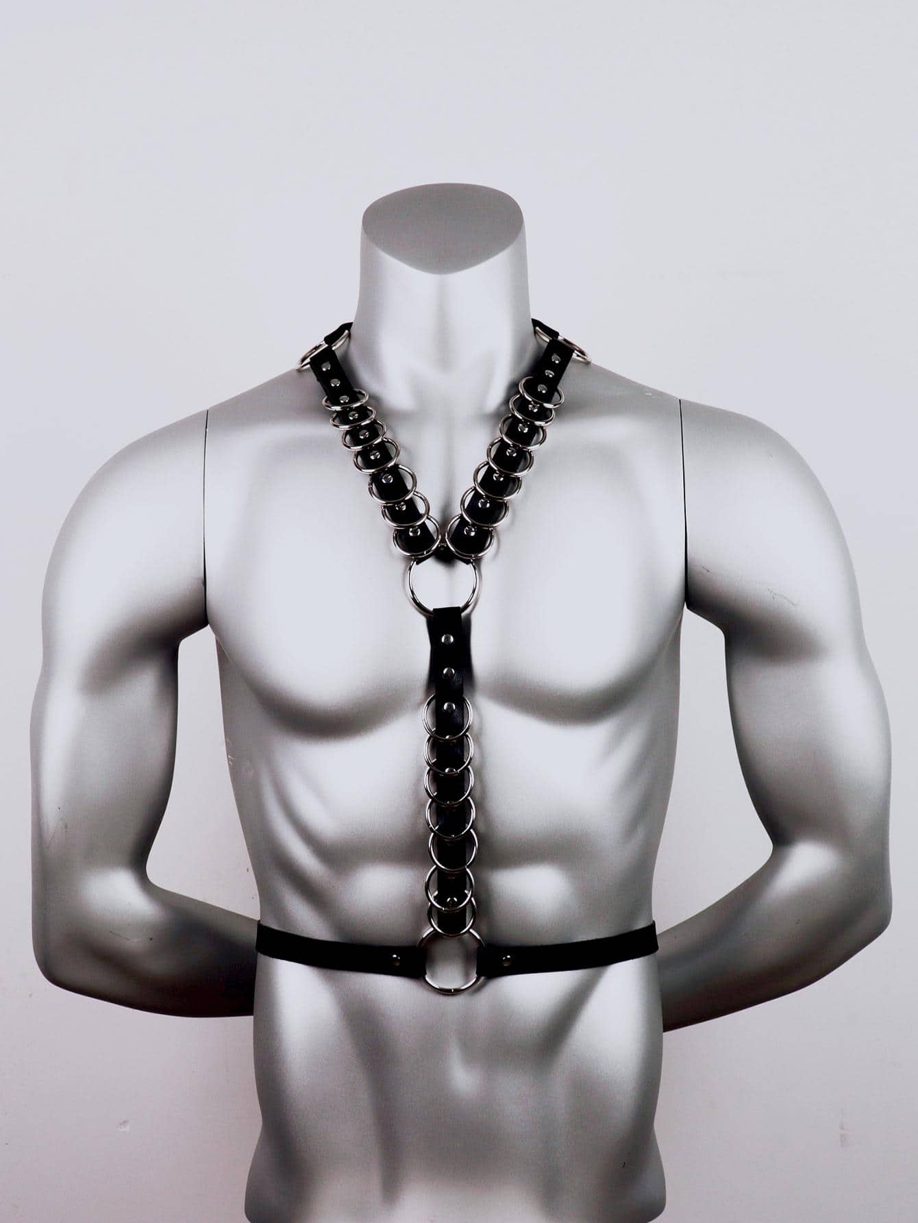 Hombres Cinturón arnés adorno de anillo - Negro - Ver 1