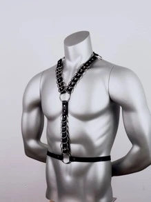 Hombres Cinturón arnés adorno de anillo - Negro - Ver 2