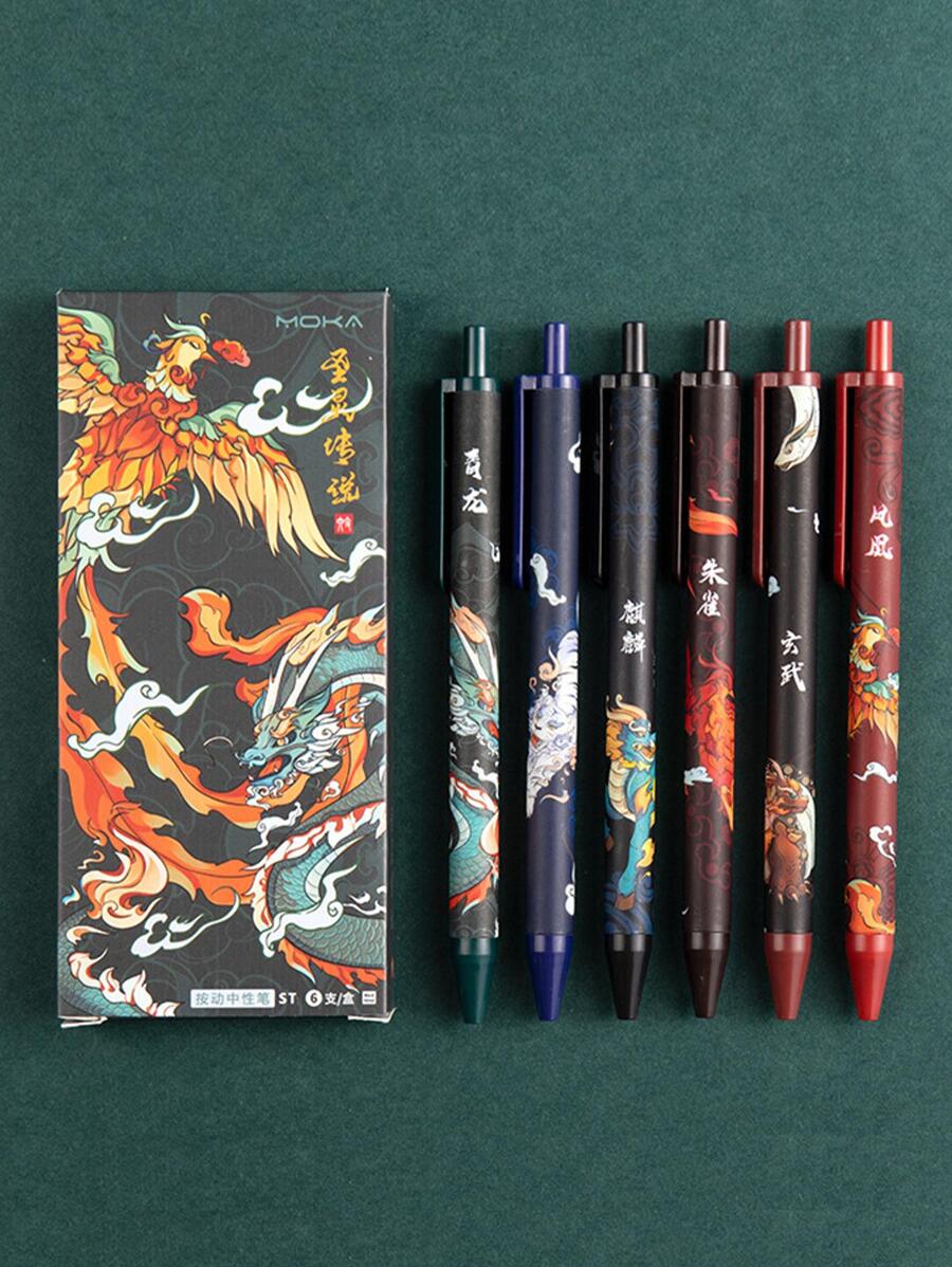 6 piezas Pluma de gel con patrón de dragón chino - Verde - Ver 1