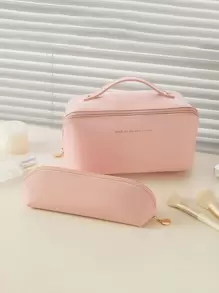 1/2 件化妆包，PU 皮革枕形手持化妆包，便携式刷子架，大容量便携式旅行洗漱包，适用于化妆品存储和整理，波西米亚风 - 粉色 - 查看 8