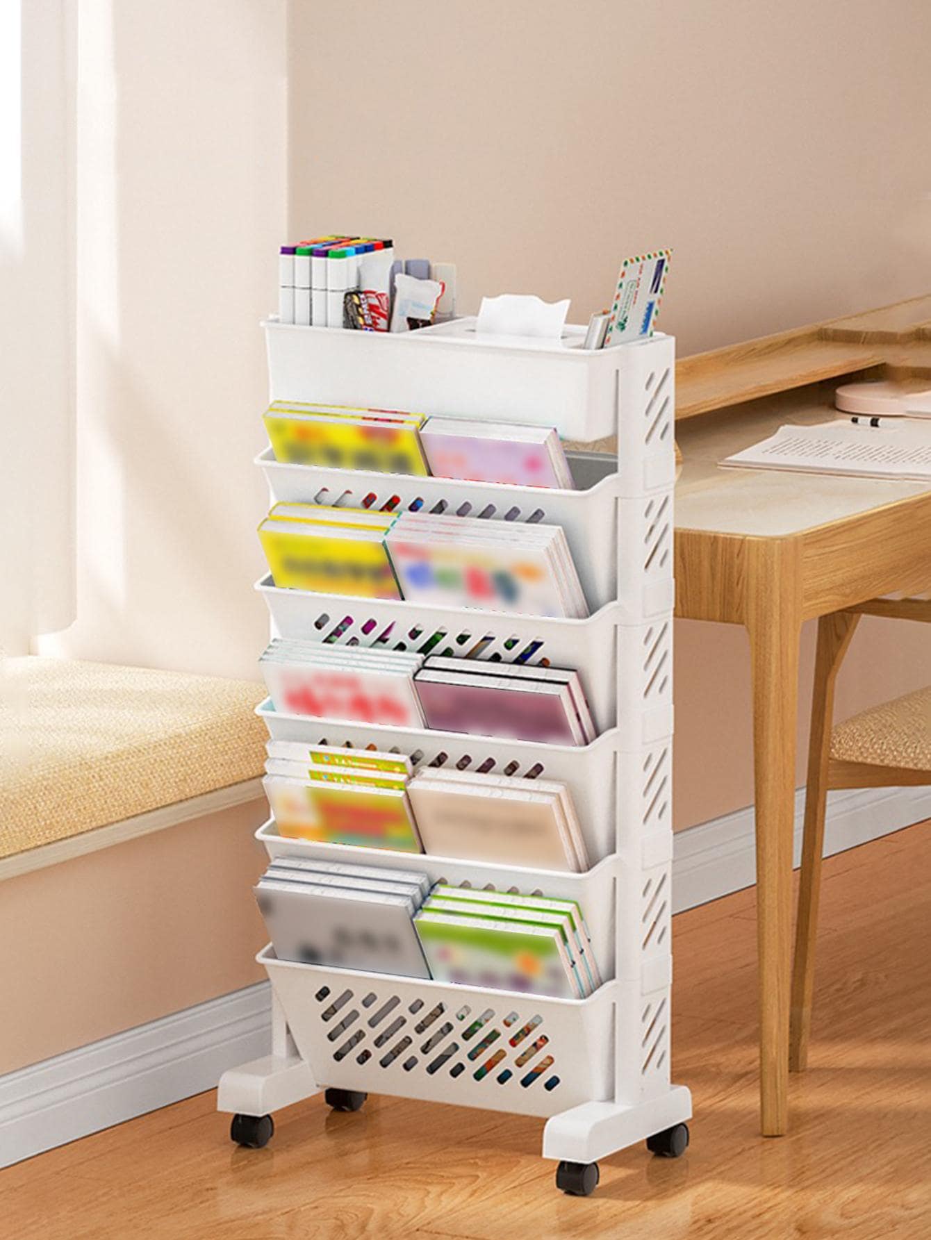 1pc PP Book Storage Rack, Creative Hollow Out Storage Rack With Wheel For Home - White - View 1