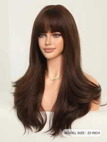 7JHH WIGS 22英寸巧克力棕色身體波浪合成假髮,帶劉海的長棕色自然波浪假髮,適用於女性日常派對使用,高貴典雅 - 巧克力棕 - 查看 5