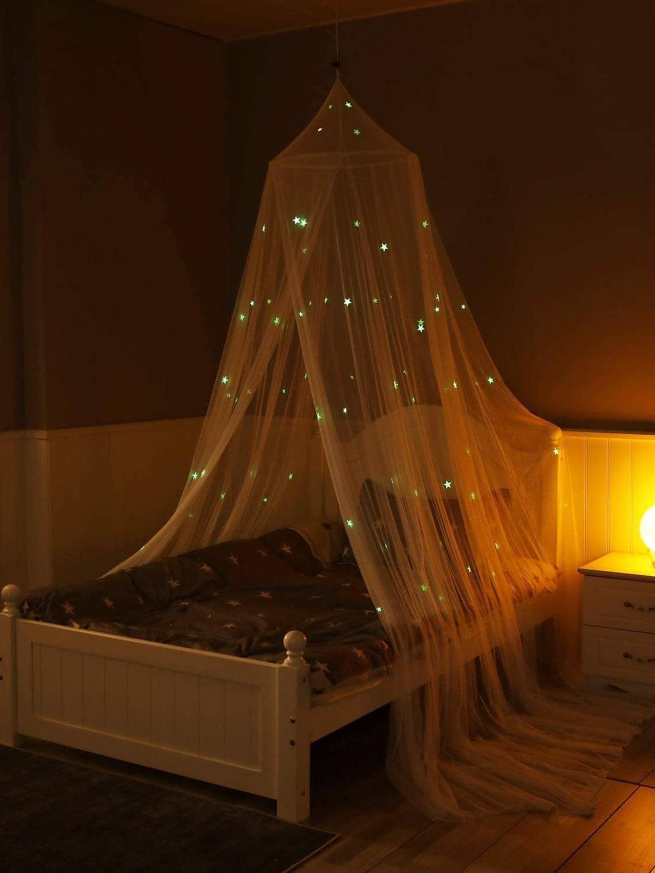 1pc Star Detail Glow In The Dark Mosquito Net, Polyester Mesh Netting Mosquito Netting For Bedroom - White - View 1