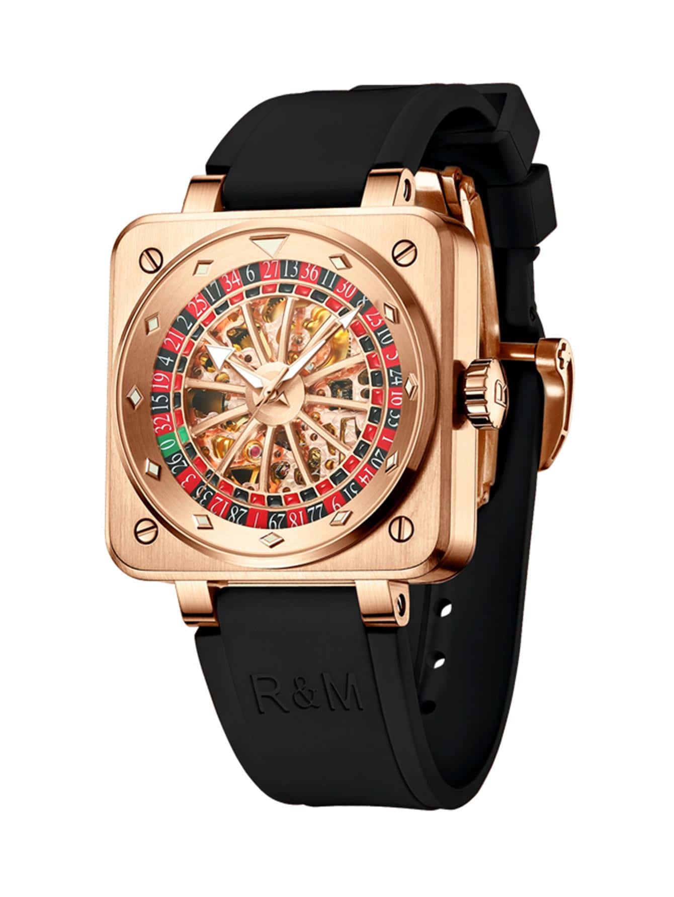 1pc Black Rubber Strap Fashion Water Resistant Square Dial Mechanical Watch, For Daily Life - Black - View 1