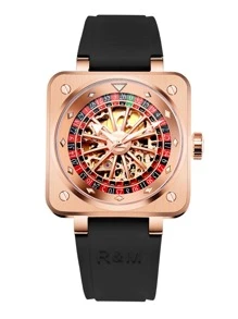 1pc Black Rubber Strap Fashion Water Resistant Square Dial Mechanical Watch, For Daily Life - Black - View 2