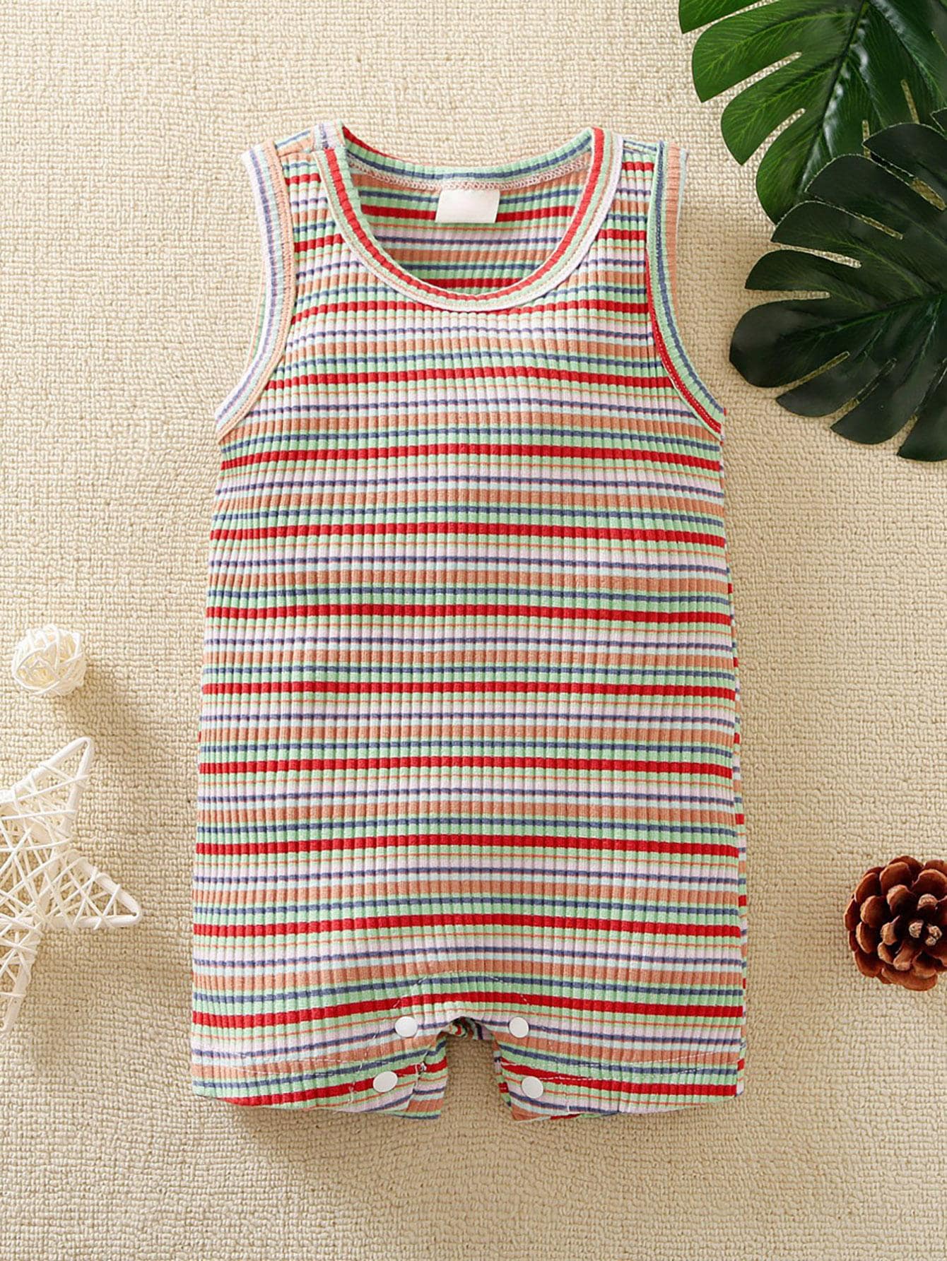 Sleeveless Knit Bodysuit With Colorful Stripes - Green - View 1