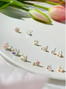 12pcs/set Flower & Heart Stud Earrings - Multicolor - View 2
