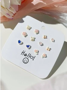 12pcs/set Flower & Heart Stud Earrings - Multicolor - View 4