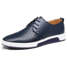 Men Leather Sneakers Breathable Leather Shoes Men Blue Casual Shoes Non-Slip Sneakers - 藍色 - 查看 2