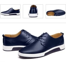 Men Leather Sneakers Breathable Leather Shoes Men Blue Casual Shoes Non-Slip Sneakers - 藍色 - 查看 4