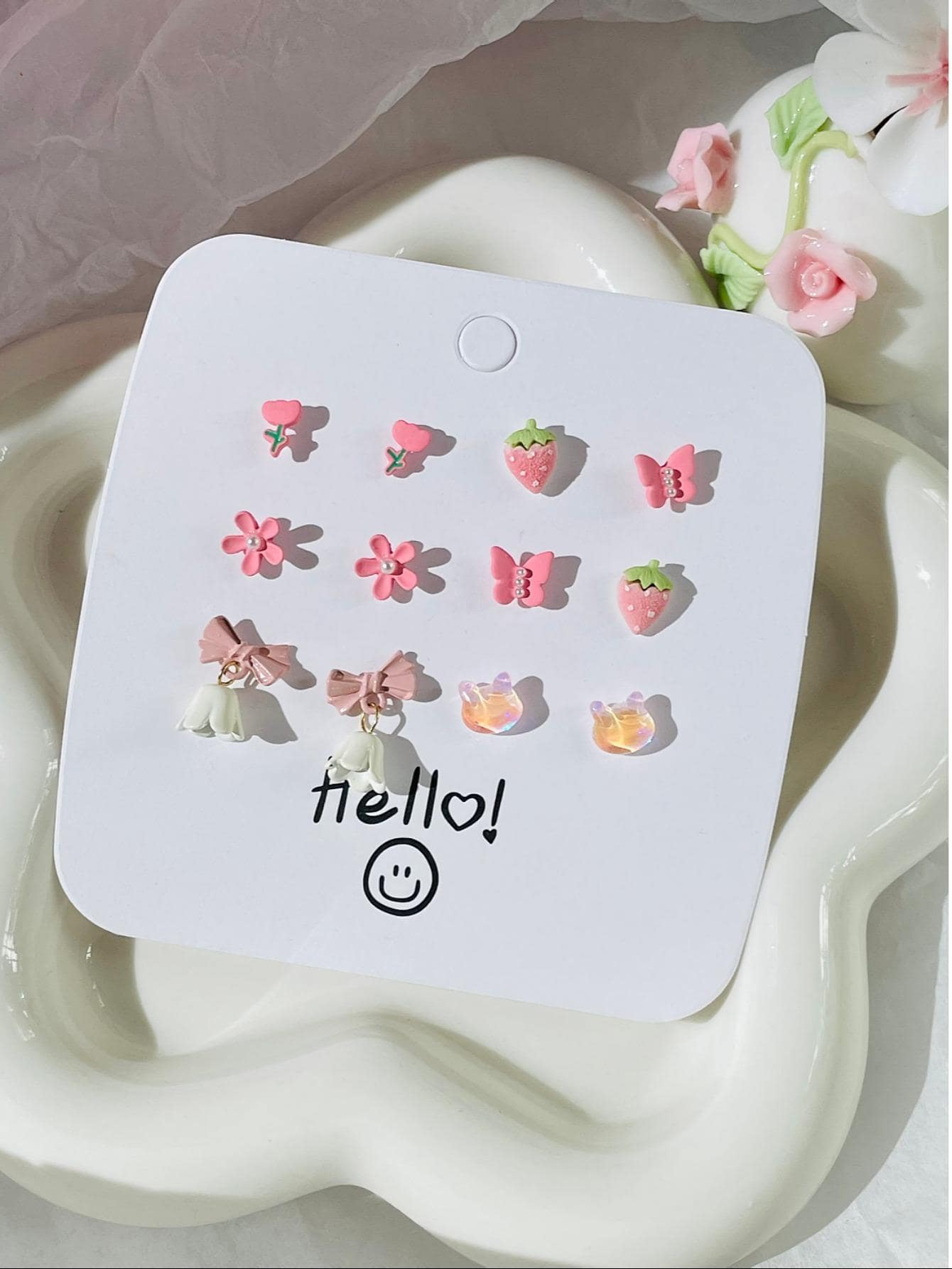 6對/套花和蝴蝶裝飾耳環 - 彩色 - 查看 1