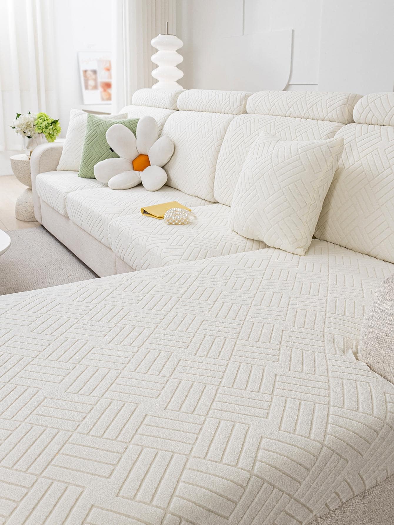 1入組素色簇絨沙發座位日常滌綸多尺寸有彈性沙發墊套適用於家庭 - 米色 - 查看 1