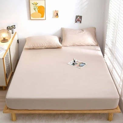 1pc Plain Fitted Sheet, Simple Fabric Fitted Bottom Sheet For Bedroom