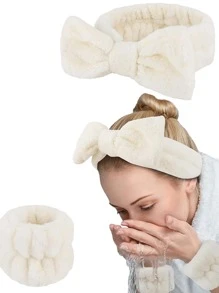 1 Bộ Phụ Nữ Nơ Trang Trí Băng Đô & Dây Đeo Cổ Tay Lông Tơ Dễ Thương Cho Cuộc Sống Hàng Ngày - trắng - Xem 1