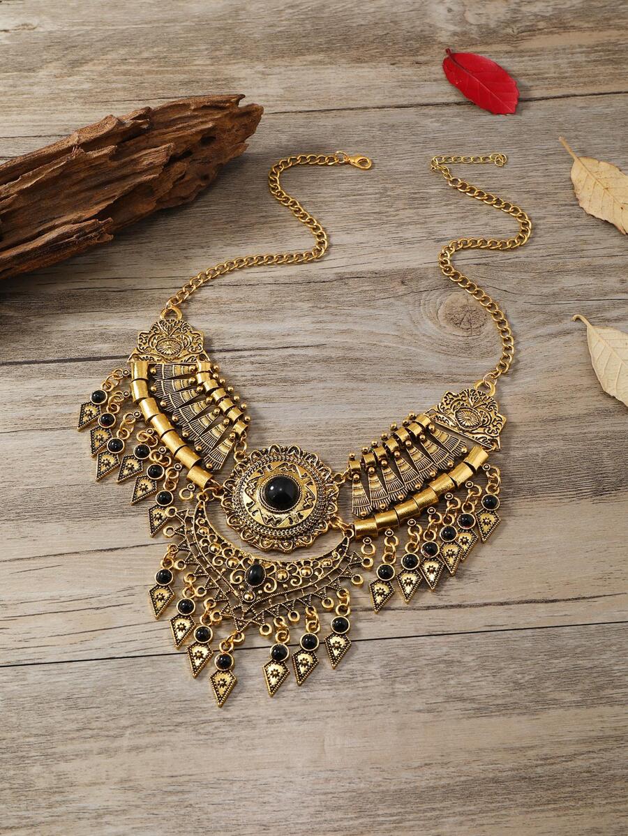 Geometric Tassel Charm Necklace - Black - View 1