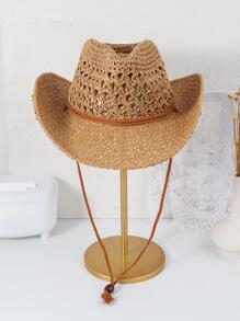 Boho 1pc Women Hollow Out Drawstring Detail Cowboy Straw Hat For Summer - View 1