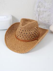 Boho 1pc Women Hollow Out Drawstring Detail Cowboy Straw Hat For Summer - View 2