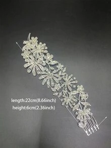 Women Rhinestone Flower Decor Glamorous Bride Hair Comb For Wedding Party - Silver - View 4