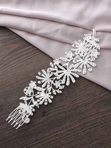 Women Rhinestone Flower Decor Glamorous Bride Hair Comb For Wedding Party - Silver - View 2