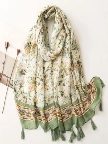 1條女士簡約印花真絲圍巾,防曬沙灘巾,時尚頭巾,披肩,長款圍脖 - 綠色 - 查看 1