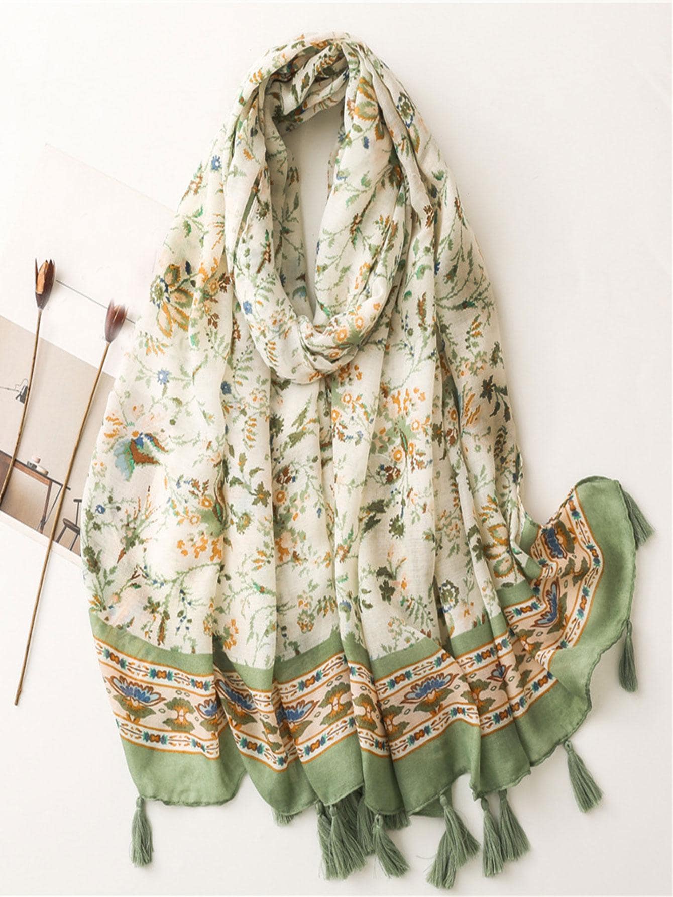 1條女士簡約印花真絲圍巾,防曬沙灘巾,時尚頭巾,披肩,長款圍脖 - 綠色 - 查看 1