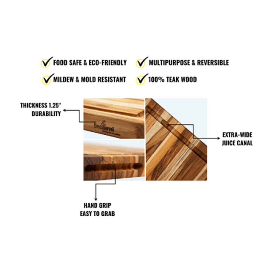 Pack of 5 Rectangular Teak Wood Cutting Boards with Juice Groove - Each
