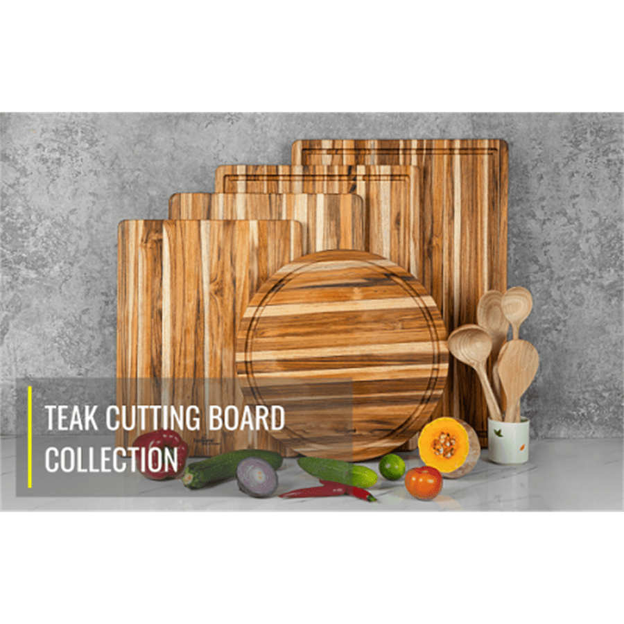 Pack of 5 Rectangular Teak Wood Cutting Boards with Juice Groove - Each