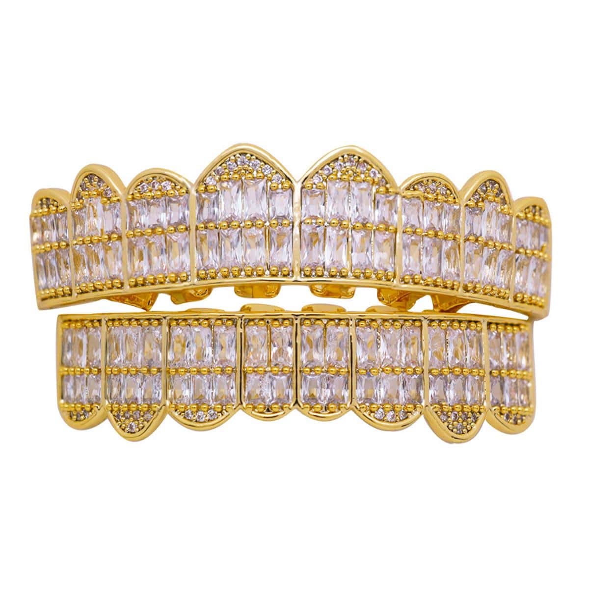 Golden Plated Teeth Grills Square Pave 8 Teeth Top Bottom Man Women Grills Cubic Zirconia Iced Out Grills - 金黃色 - 查看 1