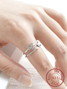 Cubic Zirconia Butterfly Decor Sterling Silver Cuff Ring - Silver - View 1