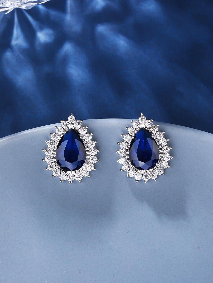 方晶鋯石水滴設計耳釘 - 藍色 - 查看 1
