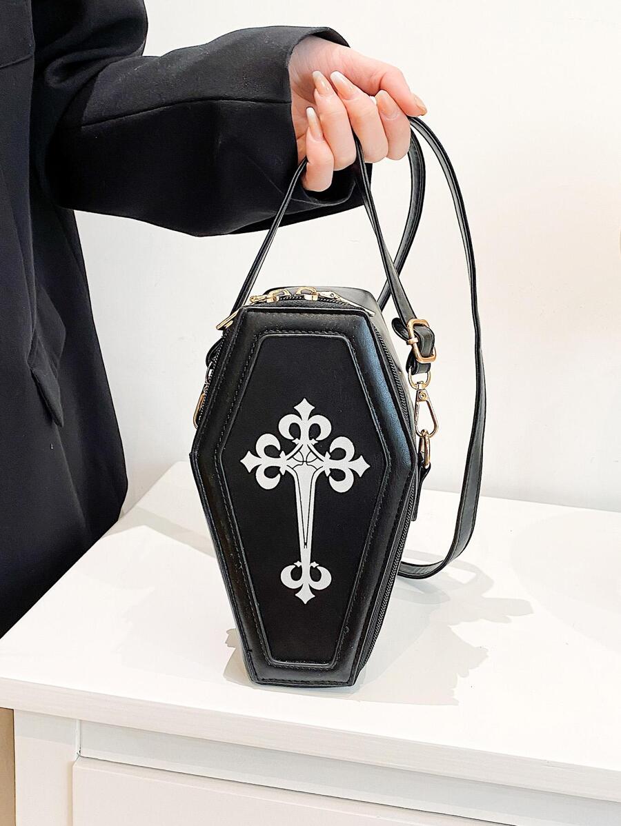 Túi đeo chéo kiểu Gothic, Túi đeo vai hình quan tài phong cách Y2K, Túi xách dự tiệc theo chủ đề Halloween, Ví PU nhỏ - màu đen - Xem 1