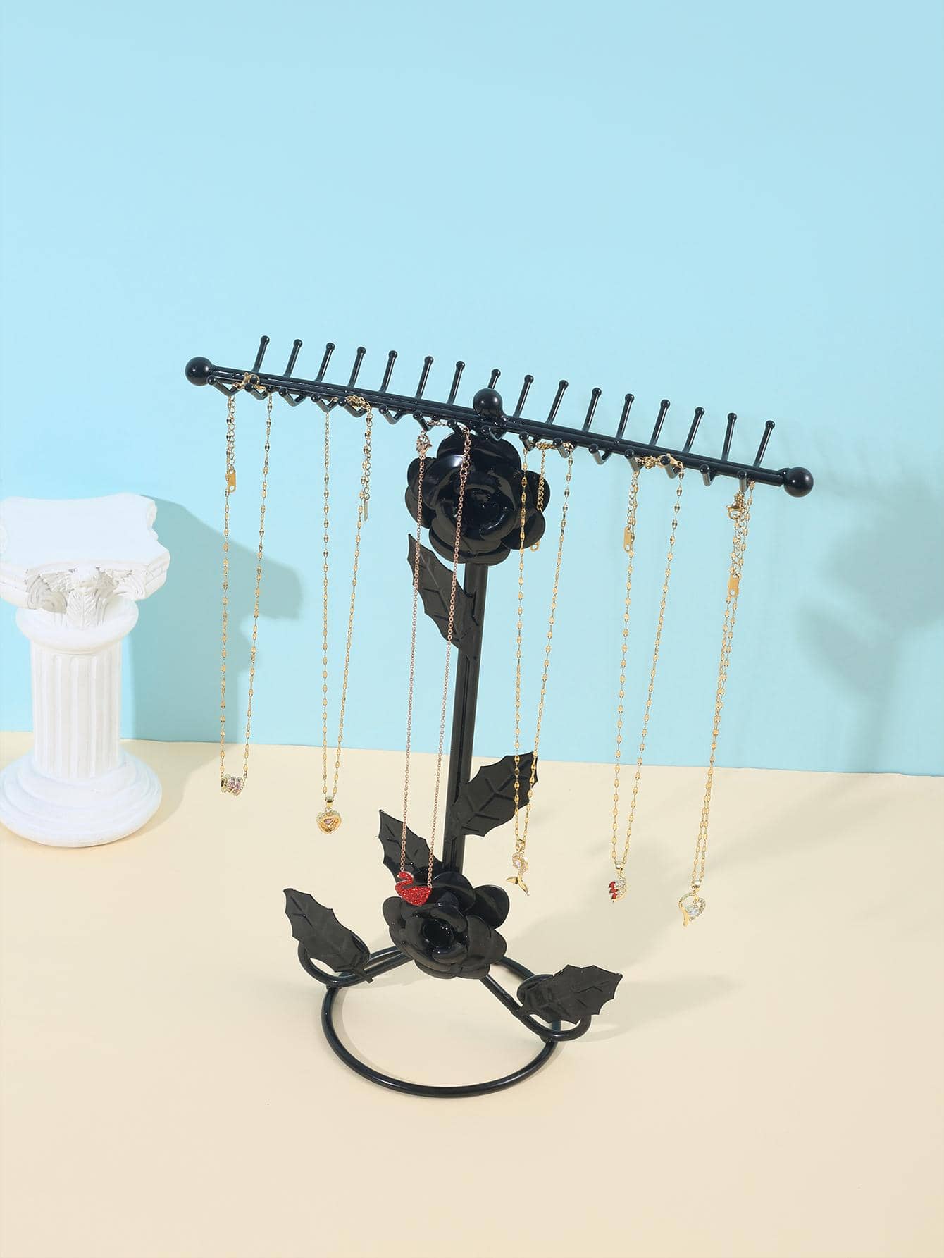1pc Iron Jewelry Storage Rack, Creative Solid Color Rose Design Jewelry Tower For Home - Black - View 1