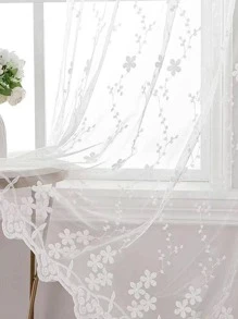 Rustic Embroidered Sheer Curtain With Small Flowers - White - View 1