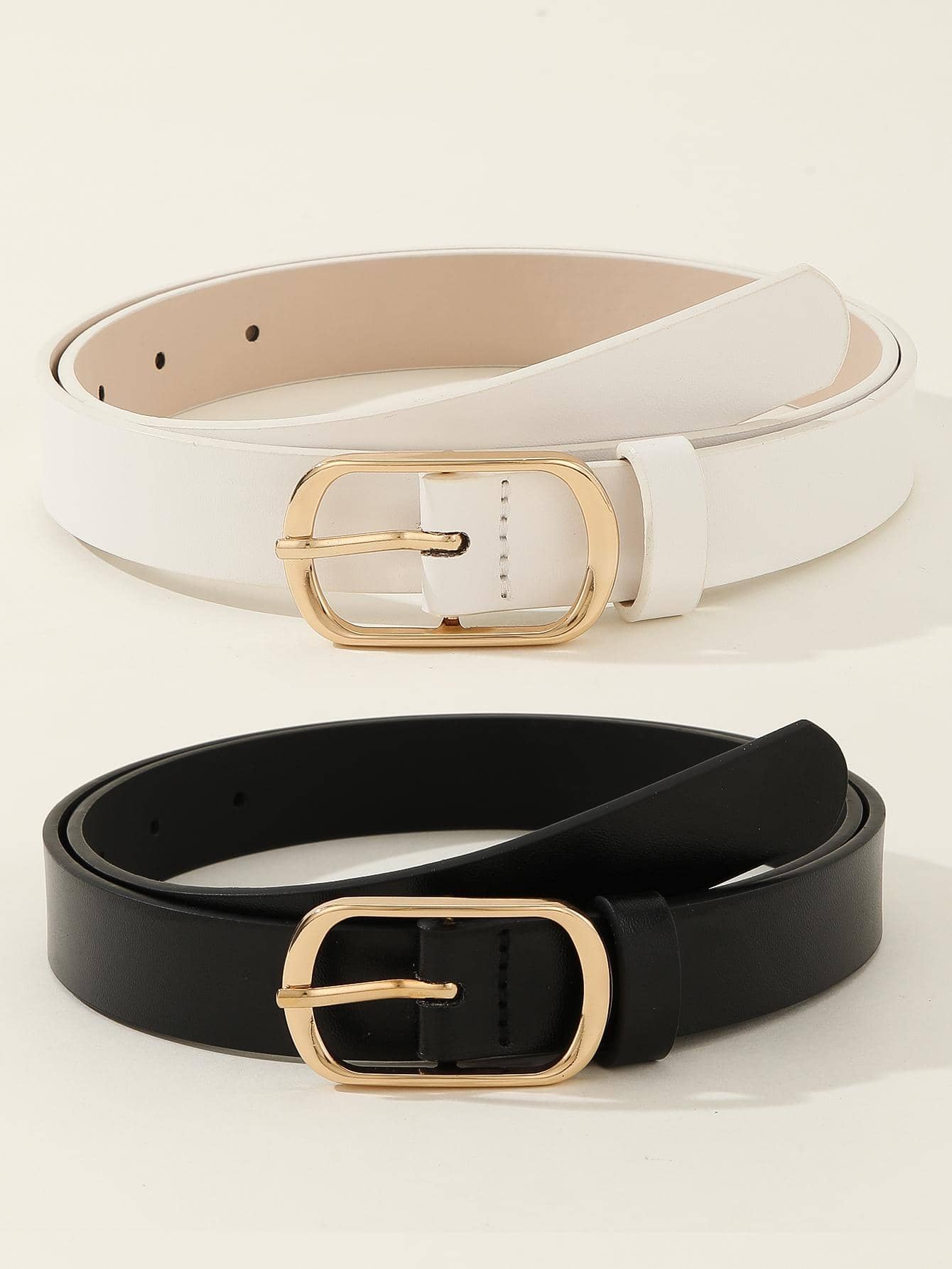 2pcs/Set Women's Gold Tone 3-Prong Belt, Versatile Waist Belt Suitable For Dresses, Jeans, Casual Wear, PU Leather Summer, School Fall, Autumn, Halloween - Black and White - View 1
